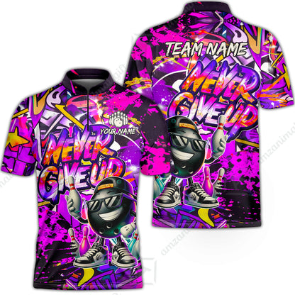 Customized Bowling Unisex Polo Shirt, Graffiti Bowling Funny Never Give Up Bowling Uniform, Personalized Name And Team Name