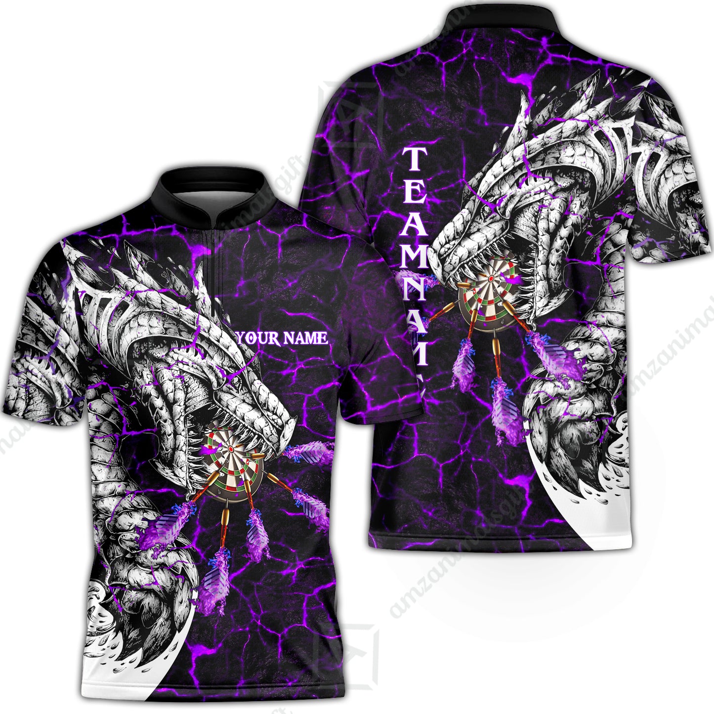 Customized Darts Team Flat Neck Zipper Jersey, Darts And Dragon With Magma Personalized Team Shirt For Darts Players