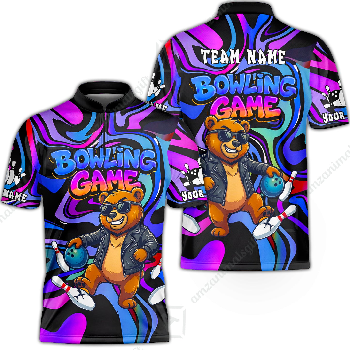 Custom Bowling Jersey Polo Shirt, Trippy Swirl Rocker Bear Graffiti Style, Custom Bowling Jersey Team Shirt For Players With Name & Team Name