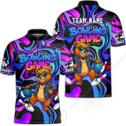 Custom Bowling Jersey Polo Shirt, Trippy Swirl Rocker Bear Graffiti Style, Custom Bowling Jersey Team Shirt For Players With Name & Team Name