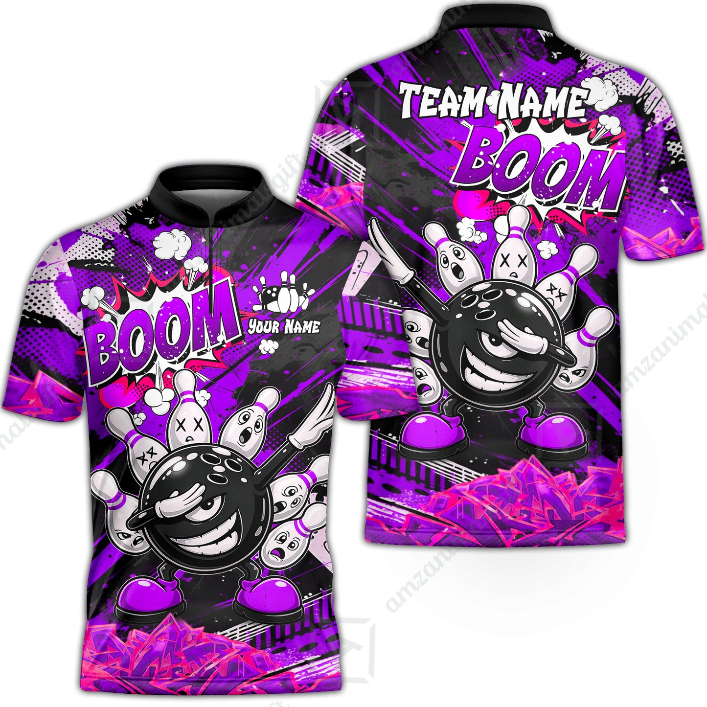 Customized Bowling Unisex Polo Shirt, Boom Bowling Angry Ball Screaming Pins, Personalized Name And Team Name For Bowlers