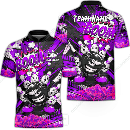 Customized Bowling Unisex Polo Shirt, Boom Bowling Angry Ball Screaming Pins, Personalized Name And Team Name For Bowlers