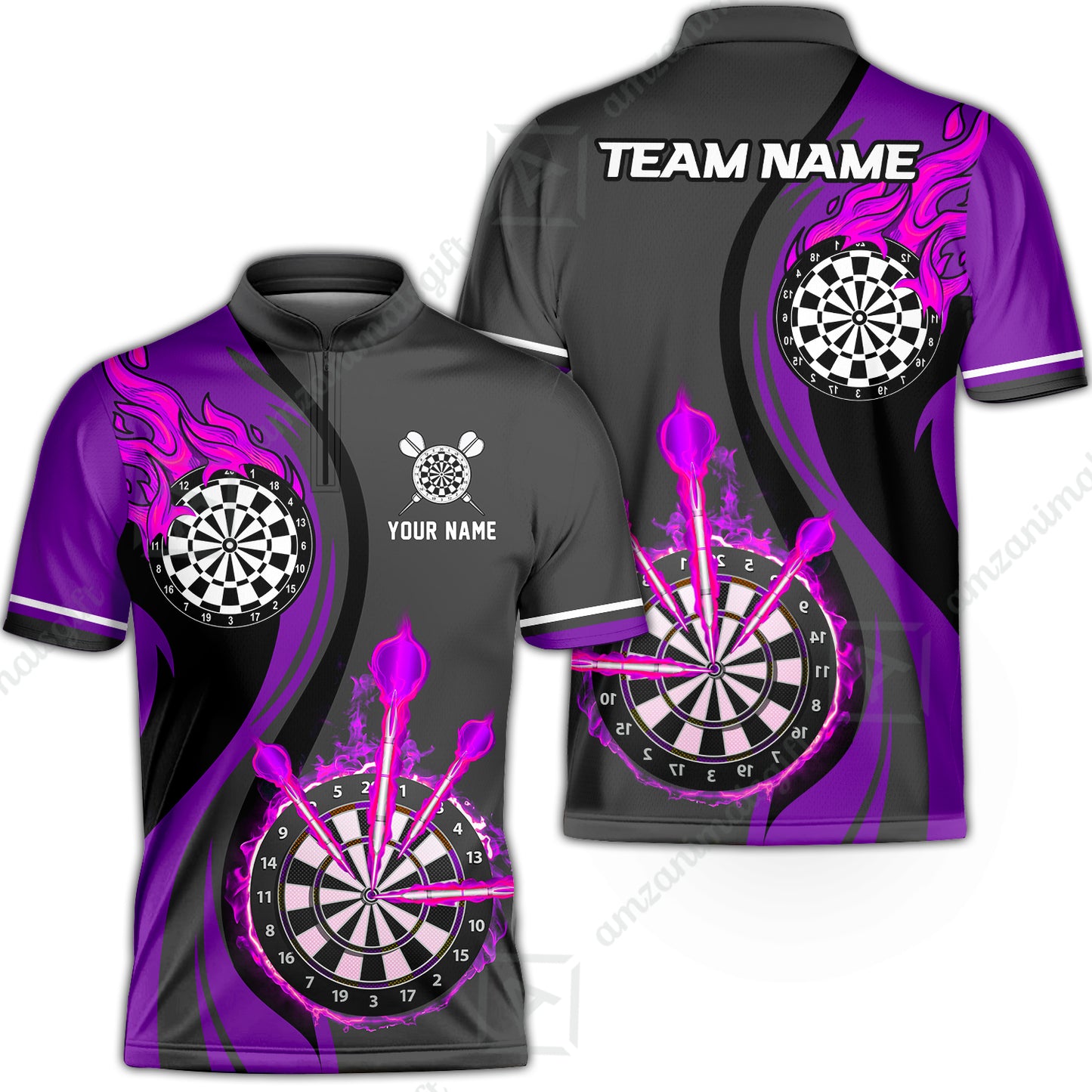 Custom Tailored Fire Flames Darts Team Jersey Polo Quarter-Zip Shirts, Customized Name Team Name Darts Team Jerseys Uniform