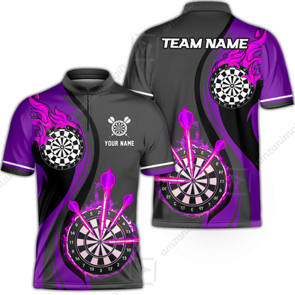 Custom Tailored Fire Flames Darts Team Jersey Polo Quarter-Zip Shirts, Customized Name Team Name Darts Team Jerseys Uniform