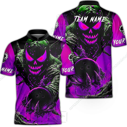 Custom Bowling Team Flat Neck Zip Jersey Shirt, Devil’s Strike Devil’s Strike Power Bowling Edition, Personalized Team Shirt with Custom Name