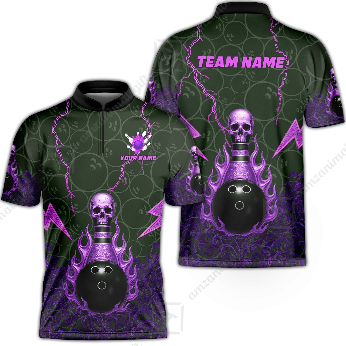 Custom Bowling Team Unisex Polo Shirt, Thunder Skull Strike Personalized Team Shirt, Custom Name and Team Name for Bowlers