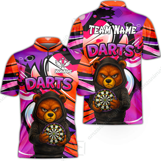 Customized Darts Team Uniform Shirt, Custom Darts Team Collar Quarter-Zip, Personalized Bear Darts Shirt with Name & Team Name