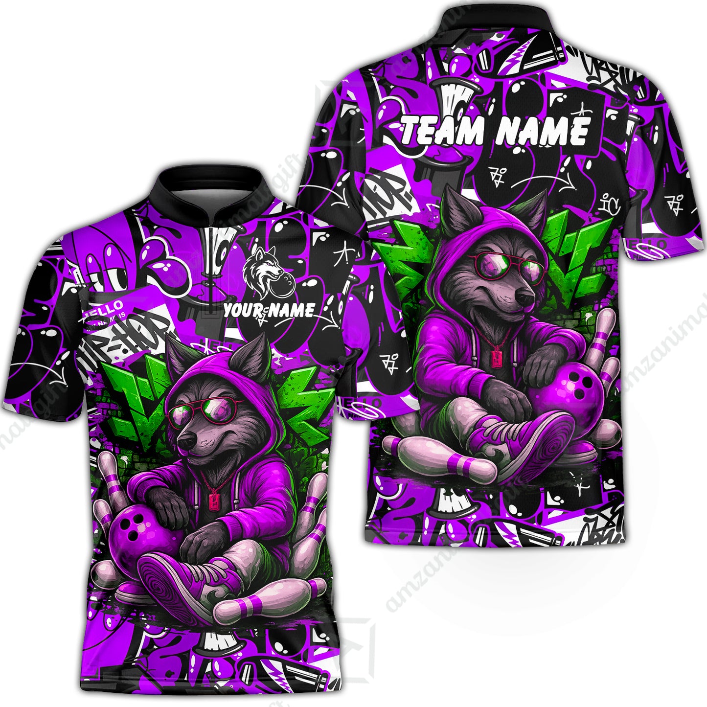 Custom Bowling Jersey Polo Shirt, Badass Wolf Mascot Bowling, Custom Bowling Jersey Team Shirt For Players With Name & Team Name