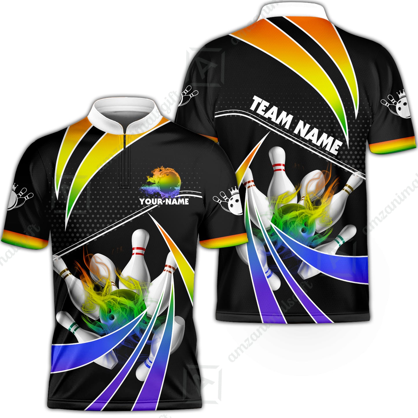 Customized Bowling Team Jersey, Bowling Ball & Pins Fire Light Sport Quarter-Zip Jersey Shirt Multicolor Option For Bowlers