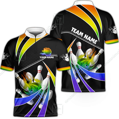 Customized Bowling Team Jersey, Bowling Ball & Pins Fire Light Sport Quarter-Zip Jersey Shirt Multicolor Option For Bowlers