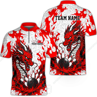 Custom Bowling Jersey Polo Shirt, Fierce Crimson Fire Dragon Strike, Custom Bowling Jersey Team Shirt For Players With Name and Team Name