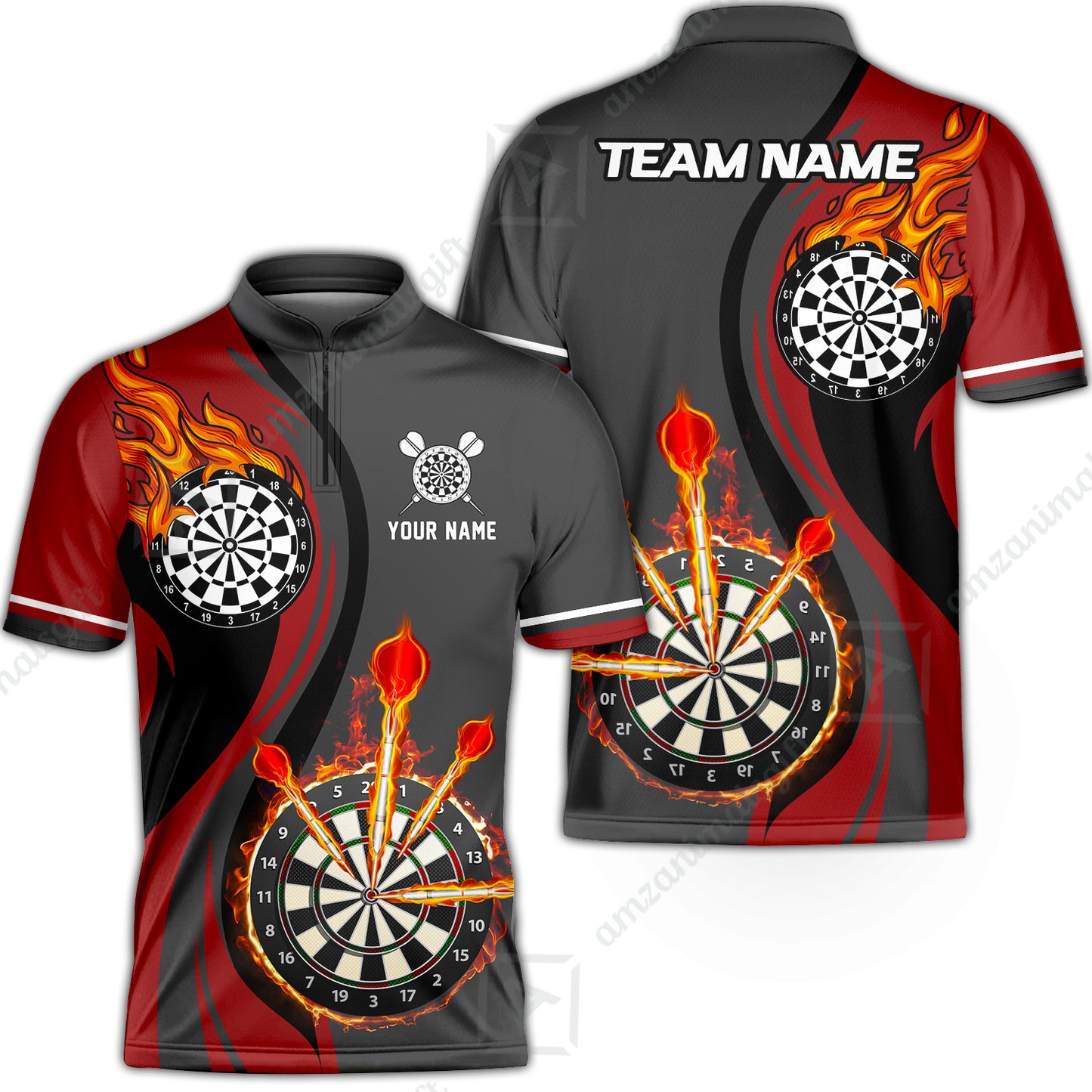 Custom Tailored Fire Flames Darts Team Jersey Polo Quarter-Zip Shirts, Customized Name Team Name Darts Team Jerseys Uniform