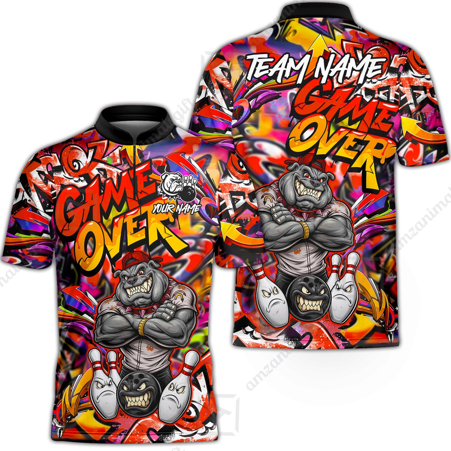 Customized Bowling Unisex Polo Shirt, Cool BullDog With Angry Bowling Game Over - Personalized Name And Team Name