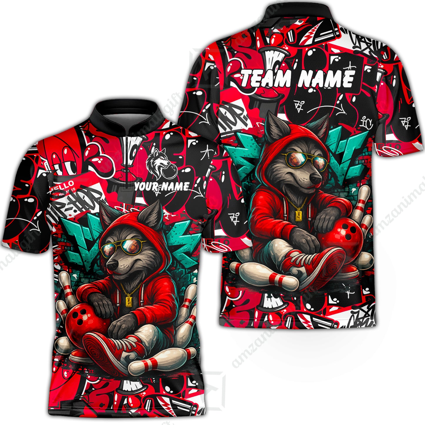 Custom Bowling Jersey Polo Shirt, Badass Wolf Mascot Bowling, Custom Bowling Jersey Team Shirt For Players With Name & Team Name