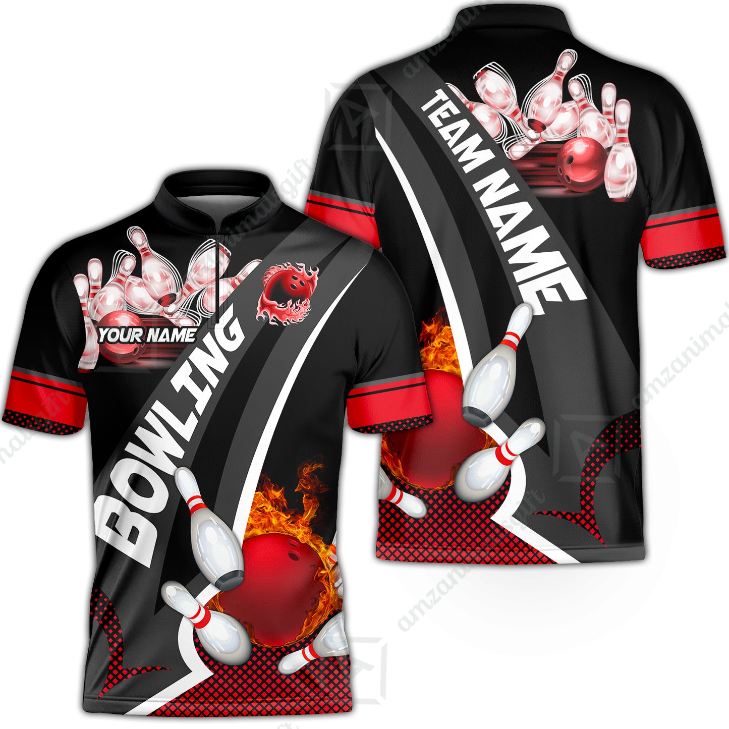 Customized Bowling Polo, Bowling And Pins Plame Premium Multicolor Option Personalized Name And Team Zipper Polo Jerseys Shirts