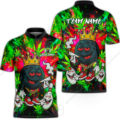 Custom Bowling Team Flat Neck Zip Jersey Shirt, King Smoke Tie-Dye Personalized Team Shirt, Custom Name and Team Name for Bowlers