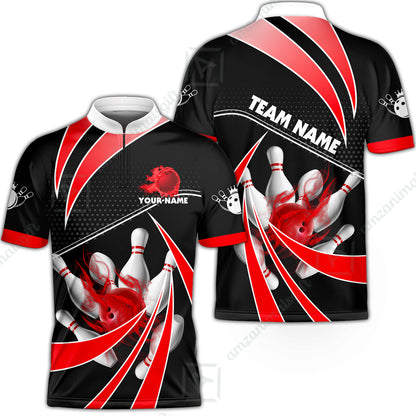 Customized Bowling Team Jersey, Bowling Ball & Pins Fire Light Sport Quarter-Zip Jersey Shirt Multicolor Option For Bowlers