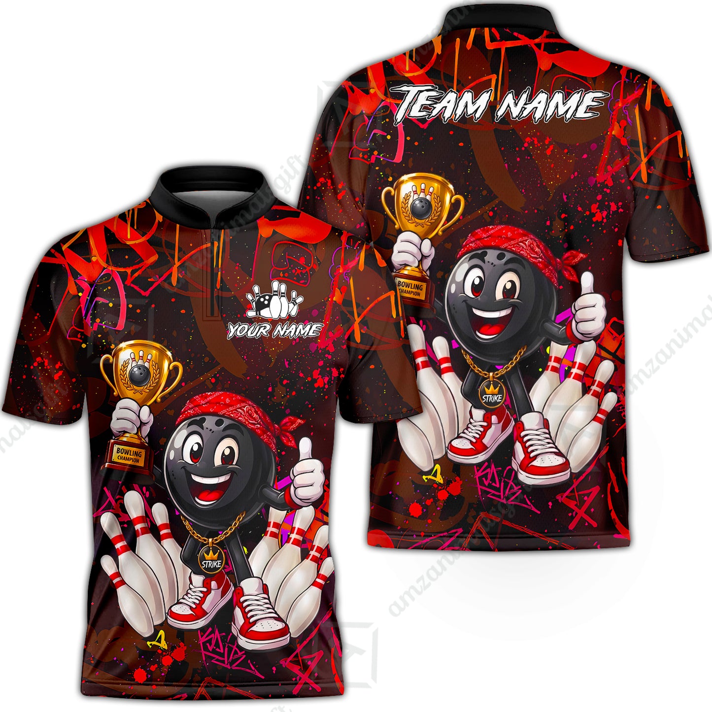 Custom Bowling Jersey Polo Shirt, Graffiti Champion, Custom Bowling Jersey Team Shirt For Players With Name & Team Name