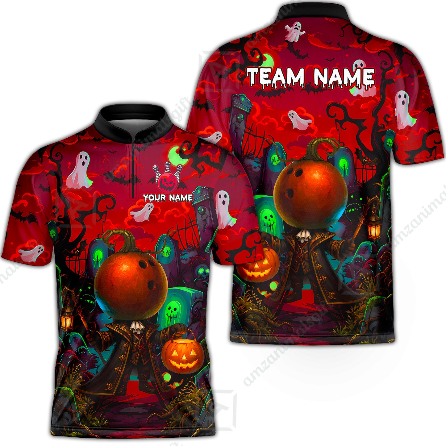 Custom Bowling Jersey Polo Shirt, Halloween Spooky Strike, Custom Bowling Jersey Team Shirt For Players With Name & Team Name