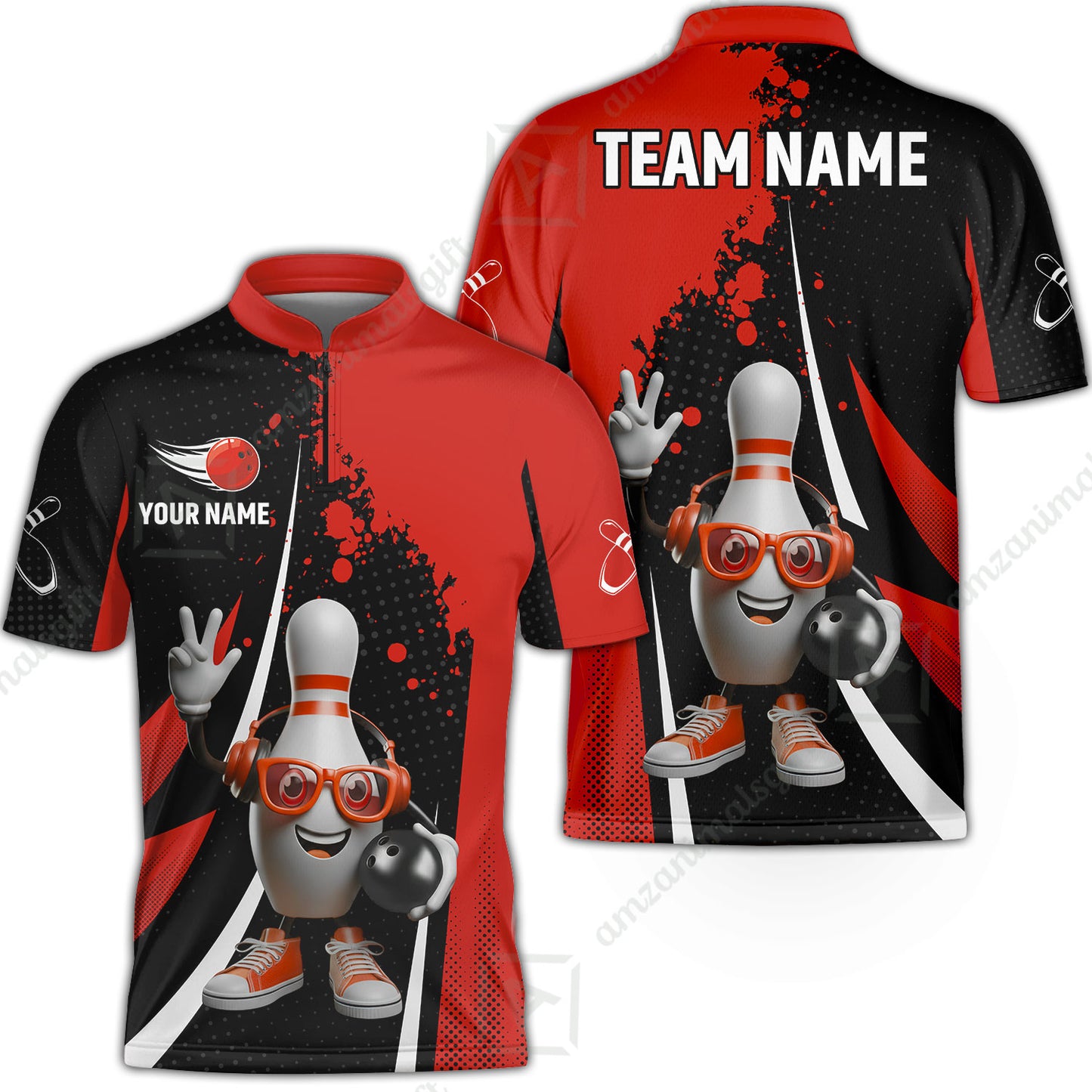Customized Bowling Unisex Polo Shirt, Halftone Bowling Pin Wearing Headphones Sunglasses, Personalized Name And Team Name