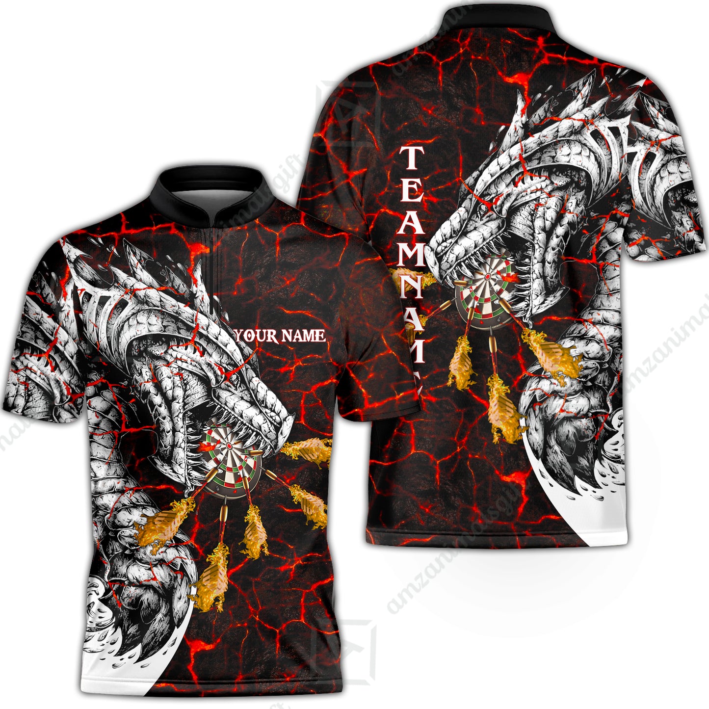 Customized Darts Team Flat Neck Zipper Jersey, Darts And Dragon With Magma Personalized Team Shirt For Darts Players