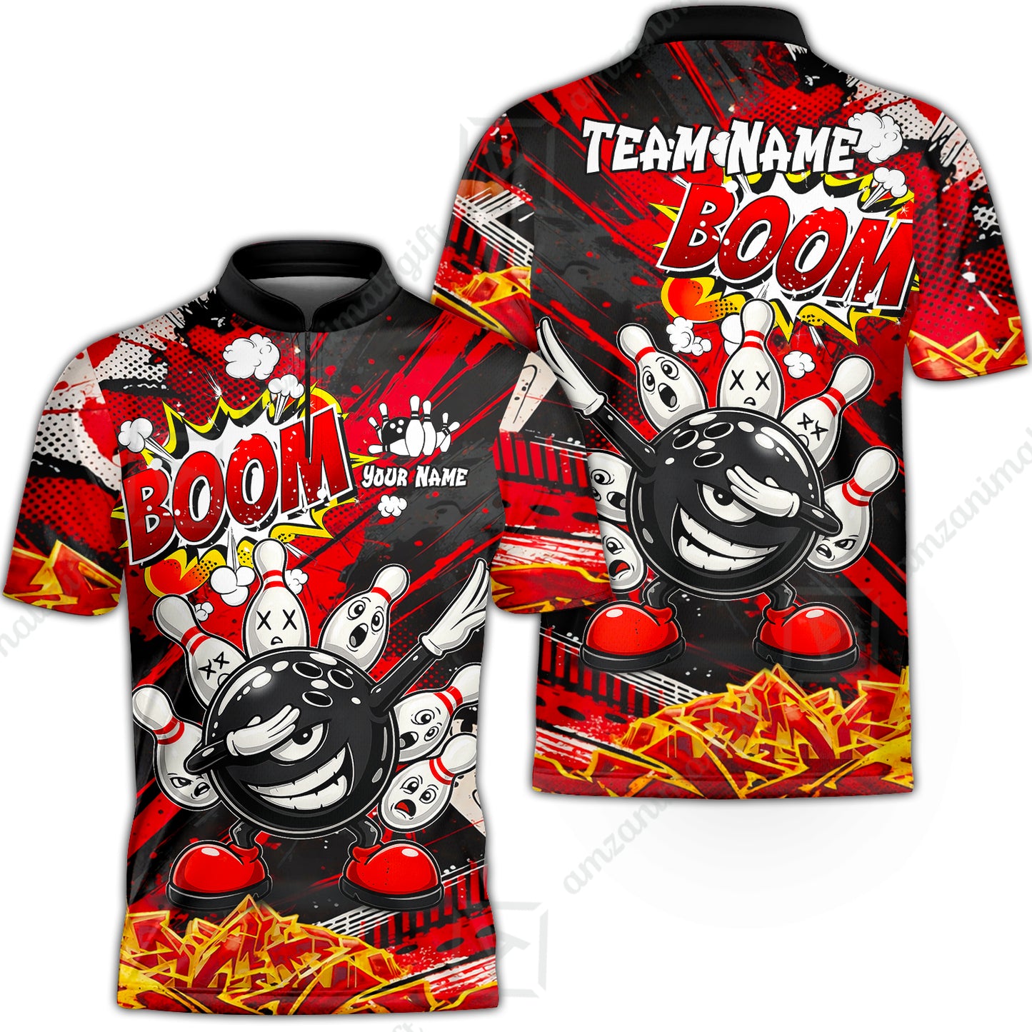 Customized Bowling Unisex Polo Shirt, Boom Bowling Angry Ball Screaming Pins, Personalized Name And Team Name For Bowlers