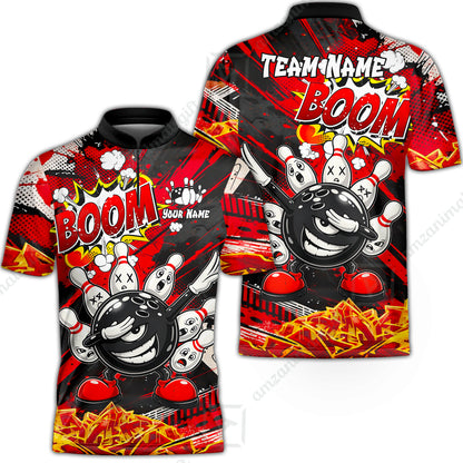Customized Bowling Unisex Polo Shirt, Boom Bowling Angry Ball Screaming Pins, Personalized Name And Team Name For Bowlers