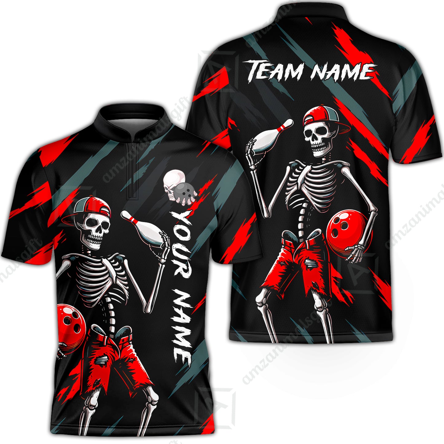 Customized Bowling Shirt, Bad Boy Skeleton Bowler, Personalized Polo Shirt For Players With Name & Team Name
