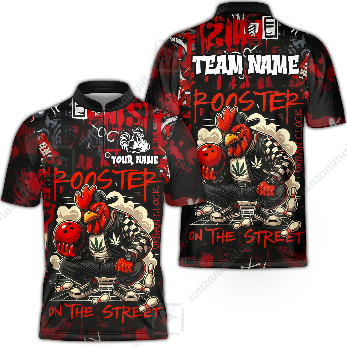 Customized Bowling Unisex Polo Shirt, Urban Streetwear Chicken Bowling Rooster On The Street, Personalized Name Team Name
