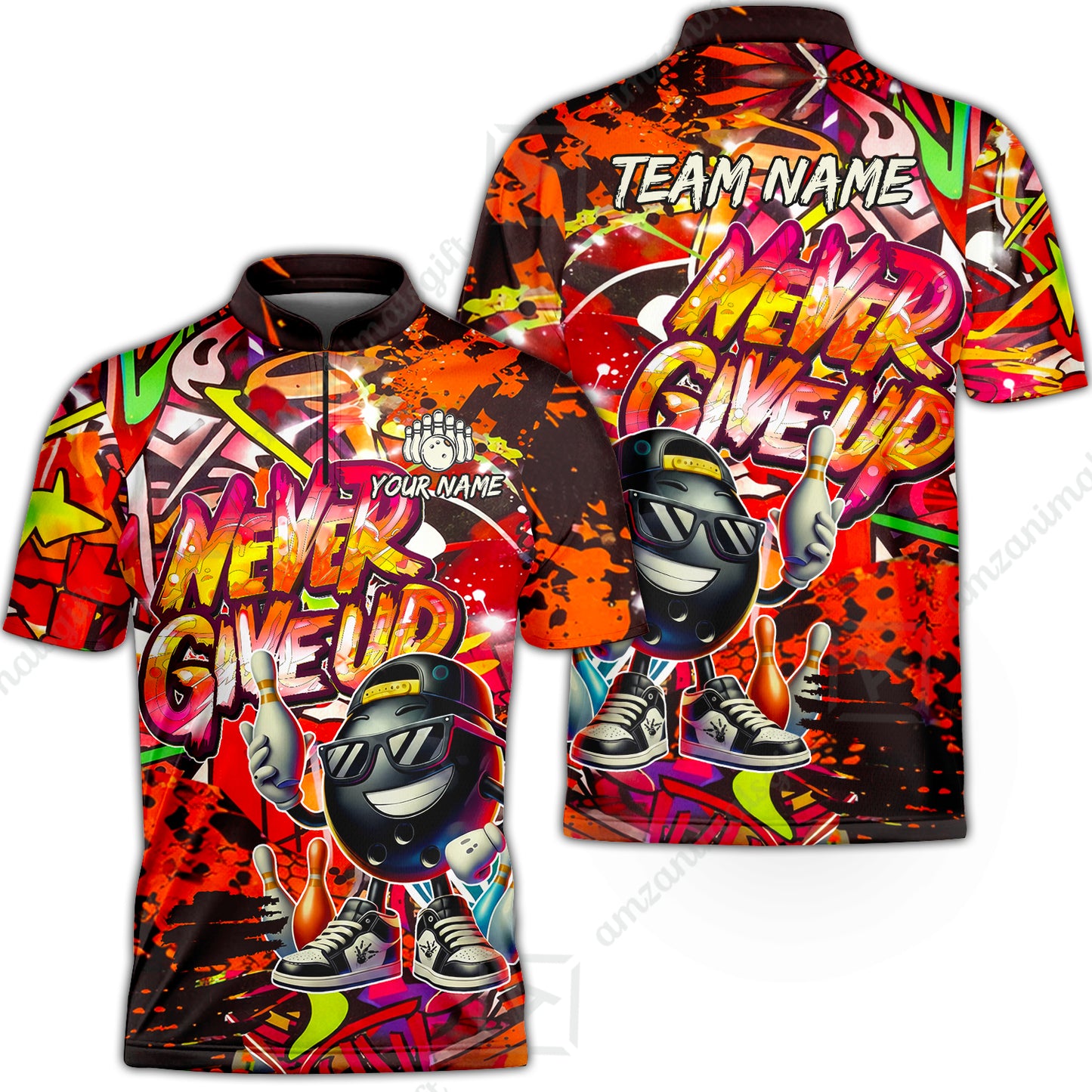 Customized Bowling Unisex Polo Shirt, Graffiti Bowling Funny Never Give Up Bowling Uniform, Personalized Name And Team Name