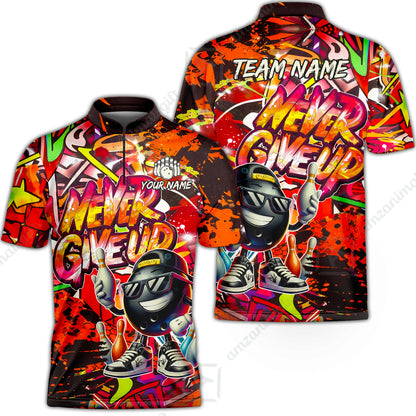 Customized Bowling Unisex Polo Shirt, Graffiti Bowling Funny Never Give Up Bowling Uniform, Personalized Name And Team Name