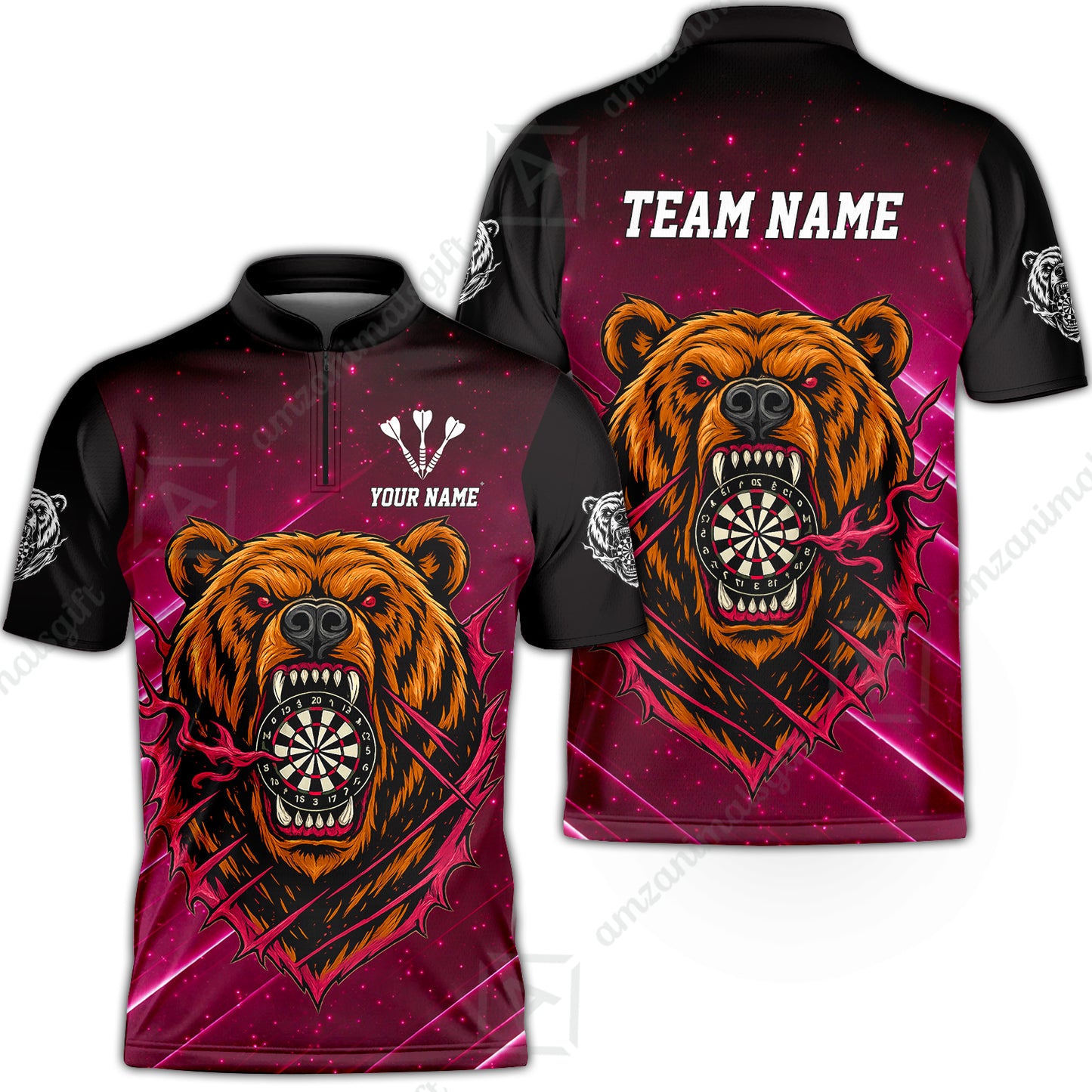 Customized Darts Team Uniform Shirt, Personalized Furious Bear Darts Collar Quarter-Zip Shirt with Name & Team Name