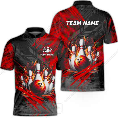 Custom Bowling Team Quarter-Zip Polo Shirt, Personalized Flame Bowling Jersey with Name & Team Name for Men & Women
