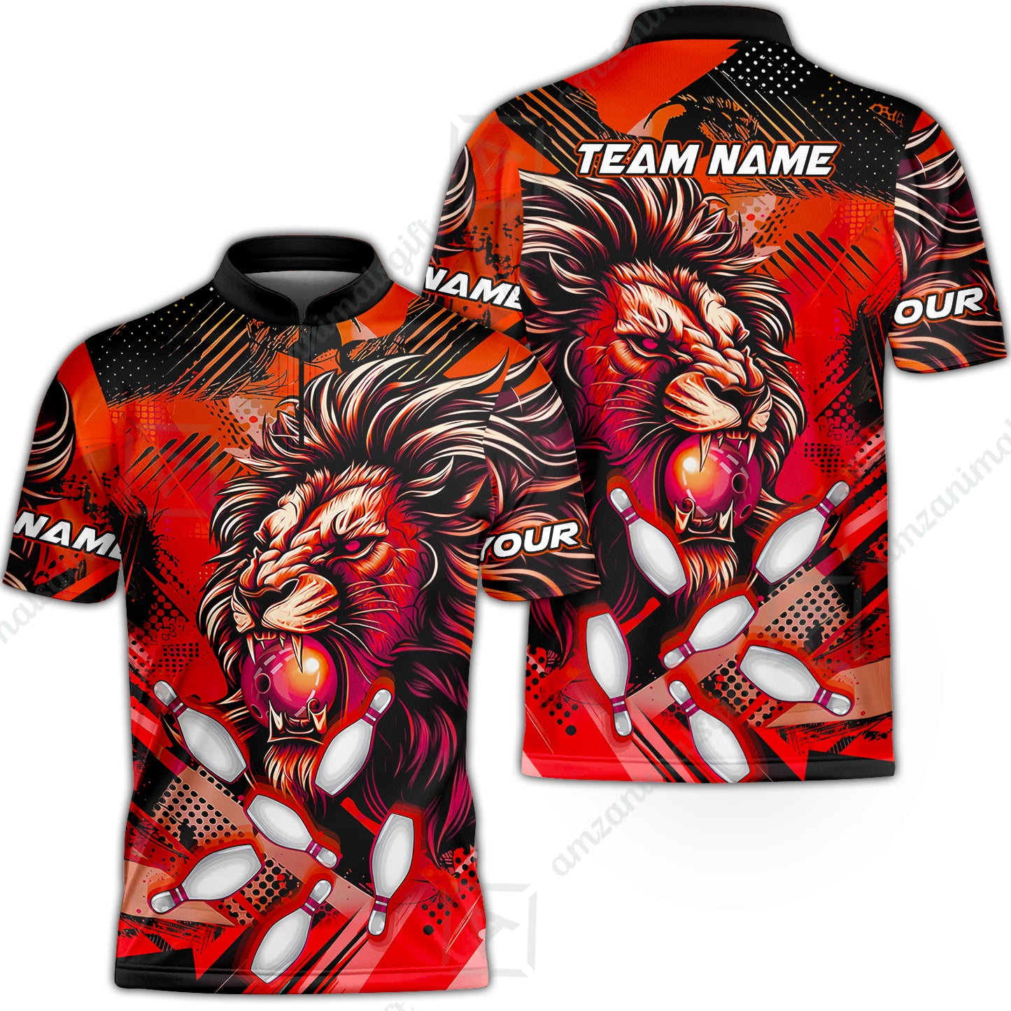 Custom Bowling Team Jerseys Shirts, Bowling uniforms Ball & Pins Lion Pattern Personalized Name And Team Name
