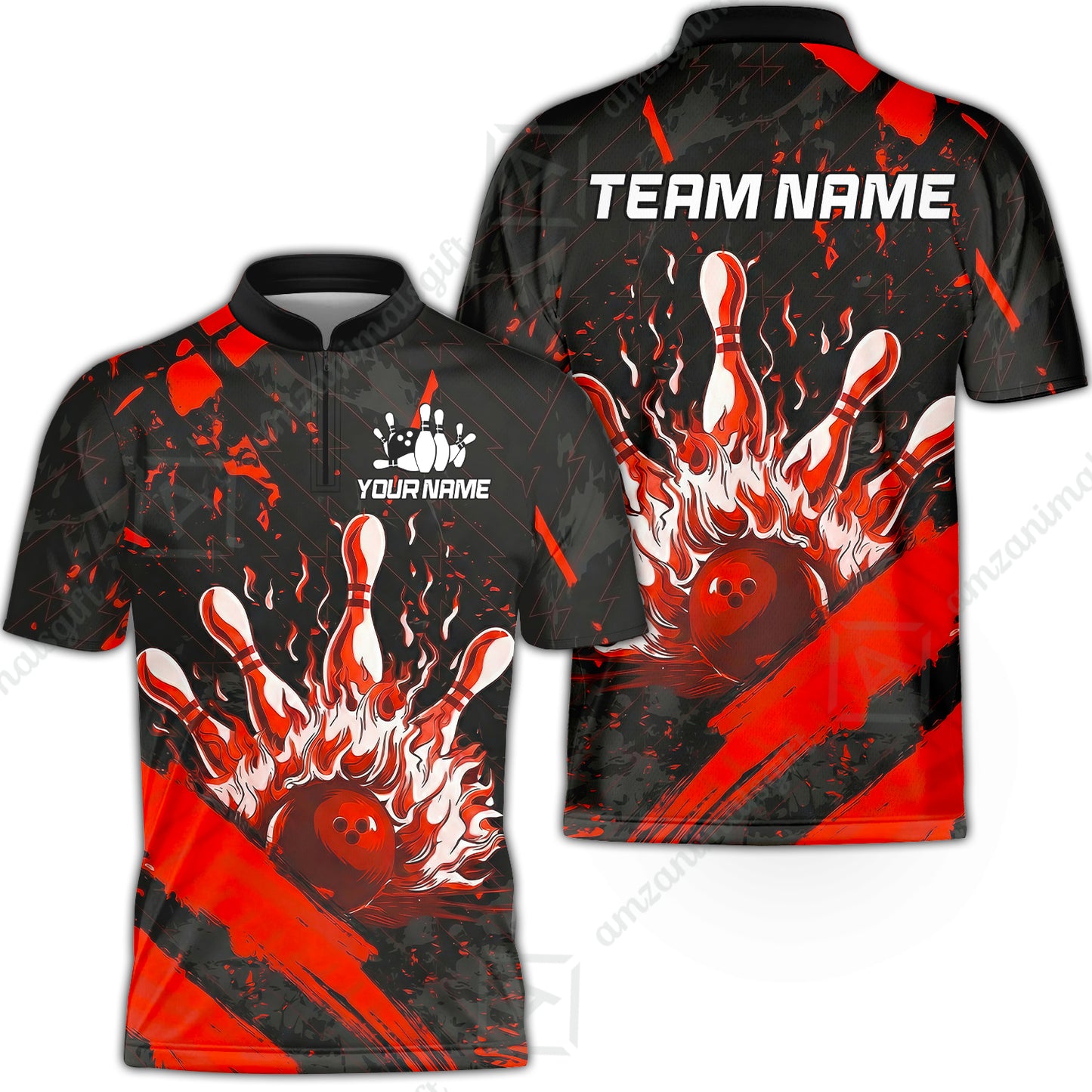 Customized Bowling Unisex Polo Shirt, Bowling And Pins Grunge Flame, Bowling Uniform - Personalized Name And Team Name
