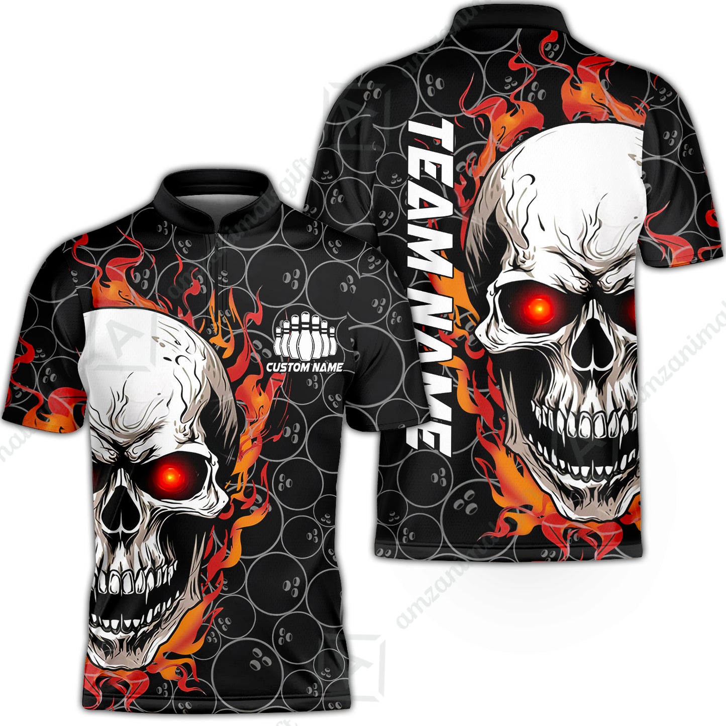 Personalized Bowling Unisex Polo Shirt, Green Flaming Skull Shirt For For Team Men Women Bowlers