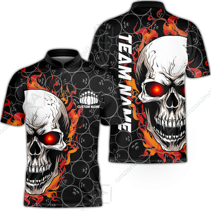 Personalized Bowling Unisex Polo Shirt, Green Flaming Skull Shirt For For Team Men Women Bowlers