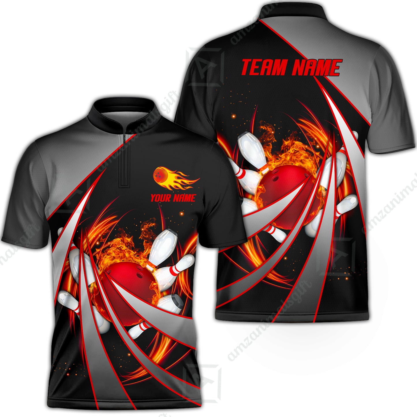 Customized Bowling Unisex Polo, Flame Bowling And Pins Tornado Pattern Multicolor Option Customized Name Zipper Polo Jerseys Shirts