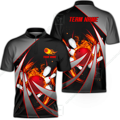 Customized Bowling Unisex Polo, Flame Bowling And Pins Tornado Pattern Multicolor Option Customized Name Zipper Polo Jerseys Shirts