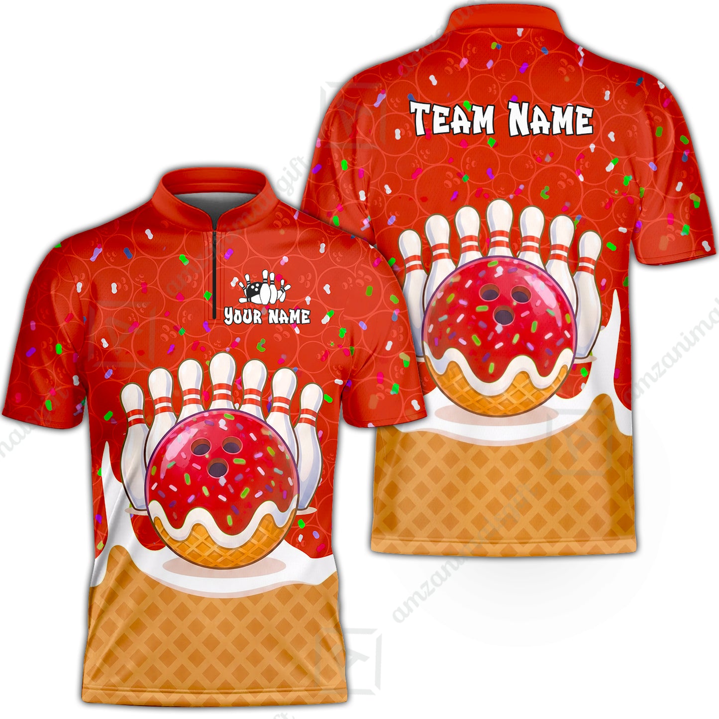 Custom Bowling Jersey Polo Shirt, Bowling Sprinkles Ice Cream Cone, Personalized Name & Team Name