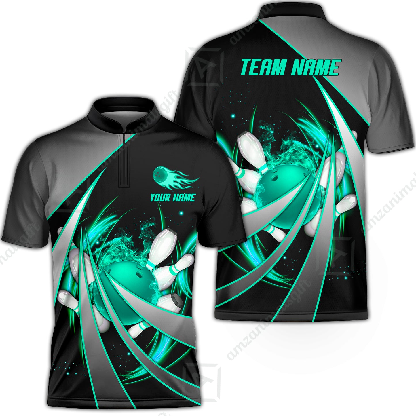 Customized Bowling Unisex Polo, Flame Bowling And Pins Tornado Pattern Multicolor Option Customized Name Zipper Polo Jerseys Shirts