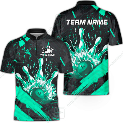 Customized Bowling Unisex Polo Shirt, Bowling And Pins Grunge Flame, Bowling Uniform - Personalized Name And Team Name