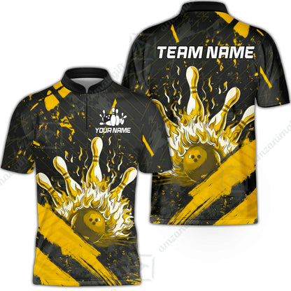 Customized Bowling Unisex Polo Shirt, Bowling And Pins Grunge Flame, Bowling Uniform - Personalized Name And Team Name