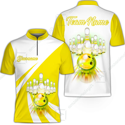 Bowling Customized Jersey White Yellow Shirt Rolling Bowling Tenpin Quarter Zip Shirt, Outfit For Bowlers, Bowling Team