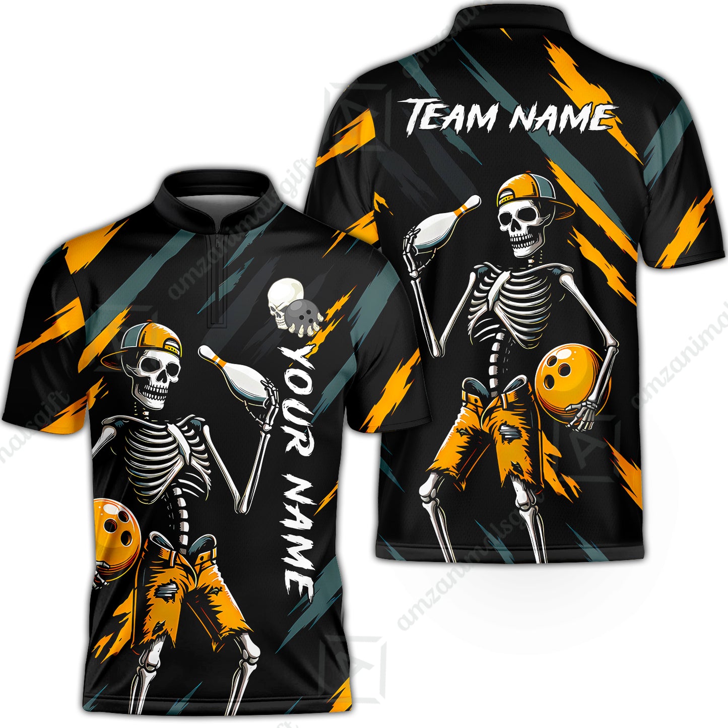 Customized Bowling Shirt, Bad Boy Skeleton Bowler, Personalized Polo Shirt For Players With Name & Team Name