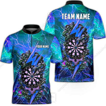 Custom Darts Team Jersey, Personalized Lightning Skull Dart Polo Shirt For Players With Name & Team Name