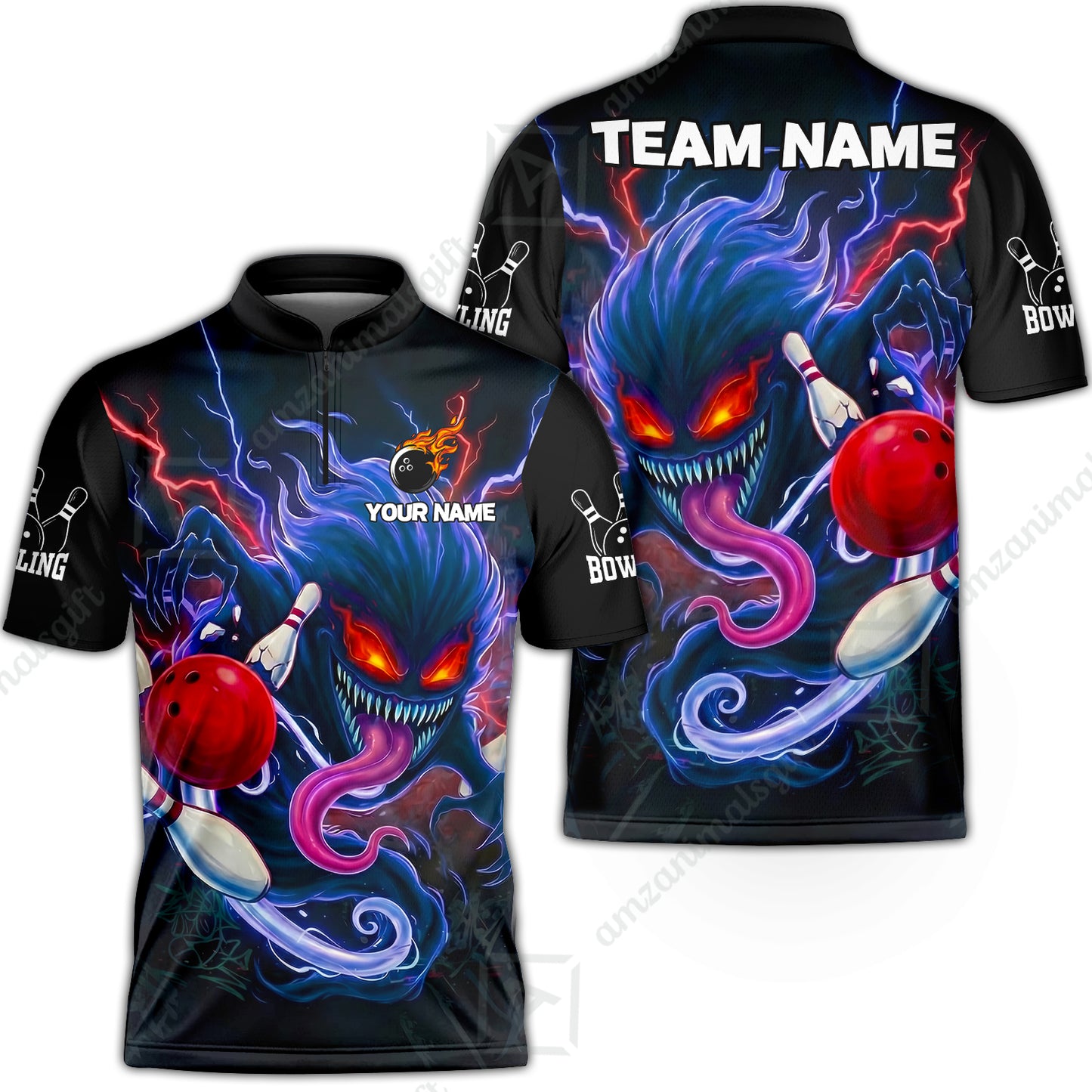 Customized Bowling Jerseys Polo Shirt, Evil Bowling Monster-Dark Bowling Spirit, Uniform Bowling - Personalized Name And Team Name