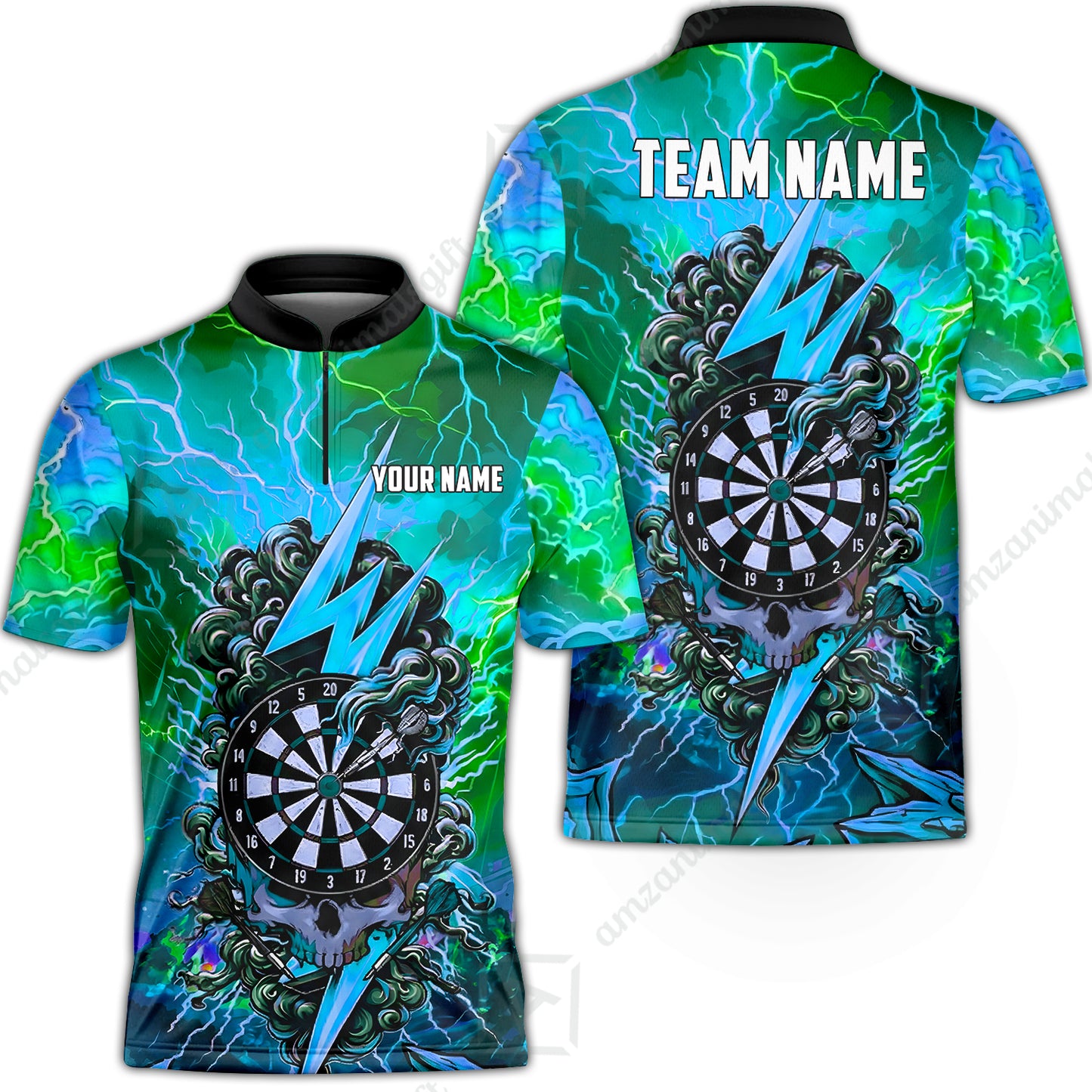 Custom Darts Team Jersey, Personalized Lightning Skull Dart Polo Shirt For Players With Name & Team Name