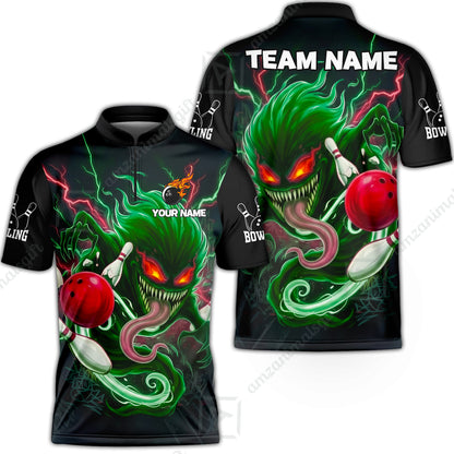 Customized Bowling Jerseys Polo Shirt, Evil Bowling Monster-Dark Bowling Spirit, Uniform Bowling - Personalized Name And Team Name