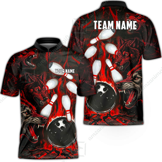 Custom Bowling Jersey Polo Shirt, Fierce Flame Wolf Mascot, Custom Bowling Jersey Team Shirt For Players With Name & Team Name